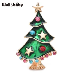Wuli&baby Enamel Green Christmas Tree Brooch Pins Multicolor Crystal Star Women Jewelry Accessory