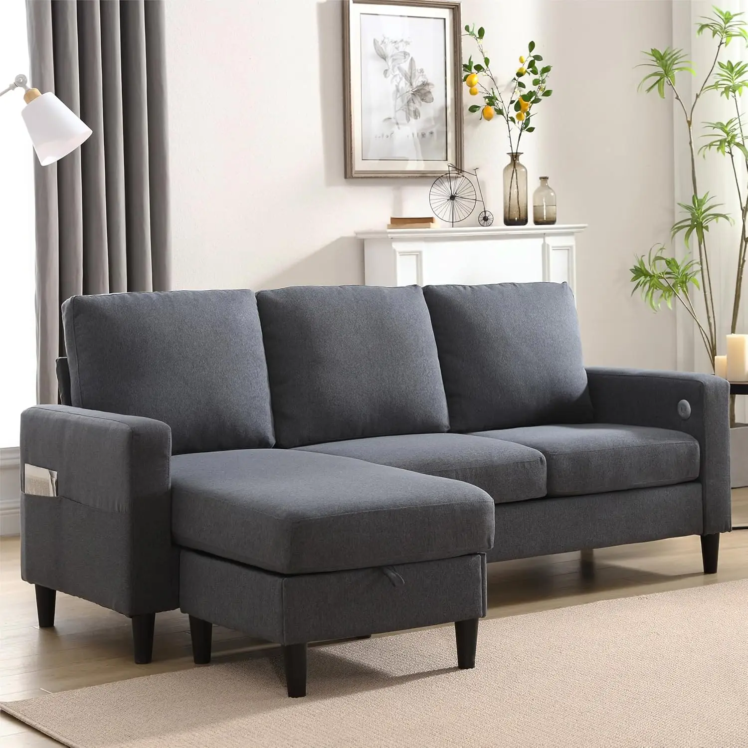 

Convertible Sectional Couches For Living Room, L-Shaped Couch 3 Seats Sofas With Storage Chaise & Tpc Charging Port, Small Sofa