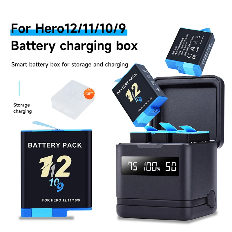 

For GoPro Hero 12 11 10 9 2000 mAh Battery + LCD 3-Slots Charger Box with Type-C Port TF Card Reader For GoPro Hero Accessories