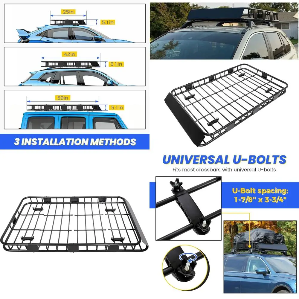

59" x 39" x 5.1" Unil Adjustable Roo Rack Cargo Carrier Basket with Extension Heavy Duty Steel Car SUV Top Lage Storage Holder B