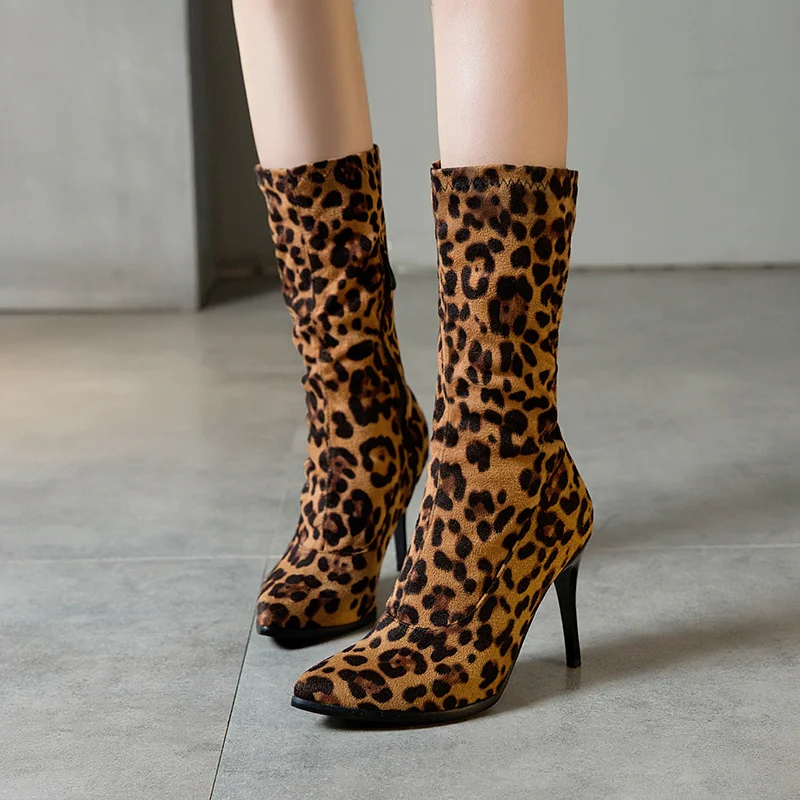 Soft Elastic Slim Leopard Boots Women Autumn Pointed Toe Mid-calf Boot Sexy Thin High Heels Short Black White Dance Shoes Ladies