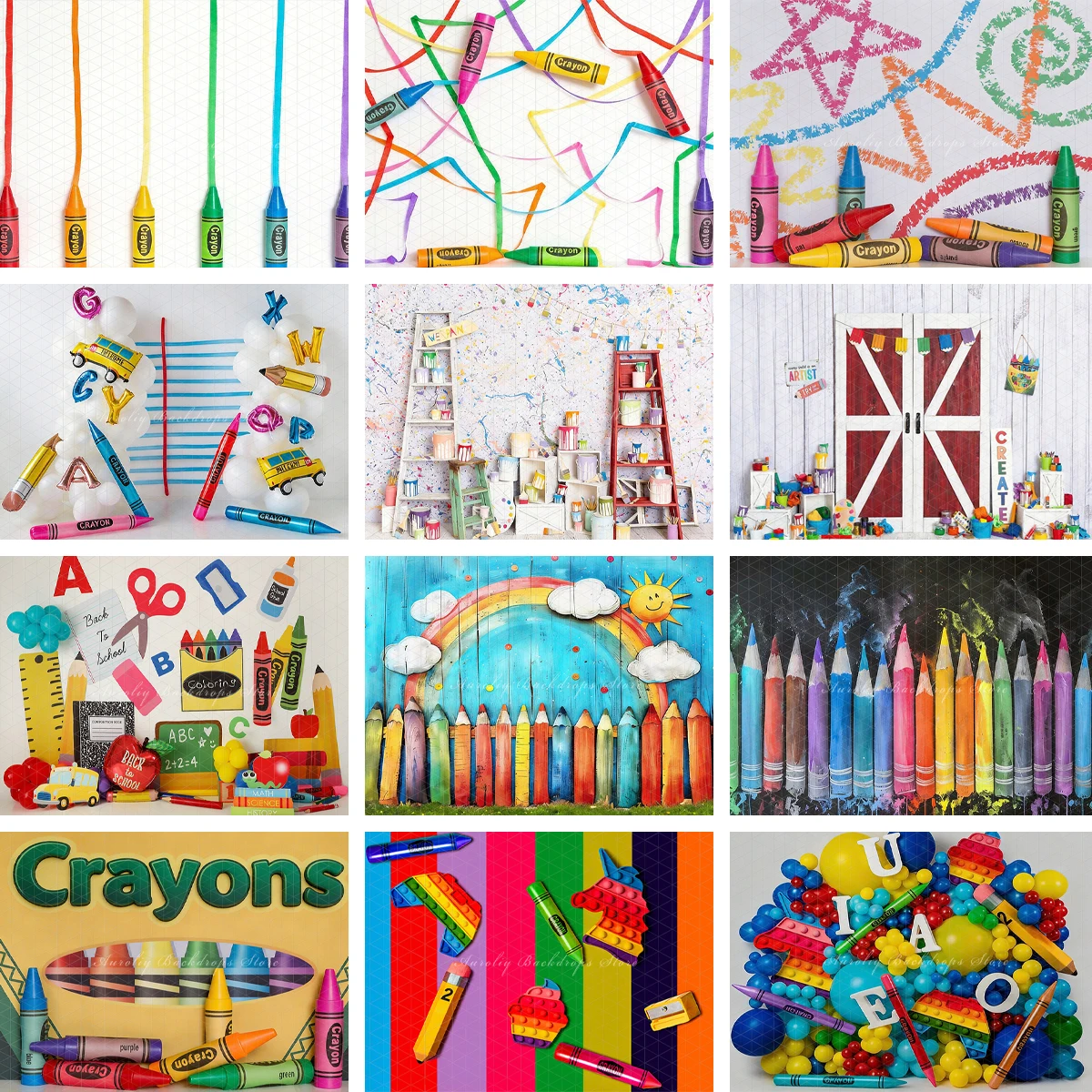 Colorful Crayons Painting Drawing Photography Backdrop Back to School Kids Portrait Photo Background Studio Photoshoot Decor