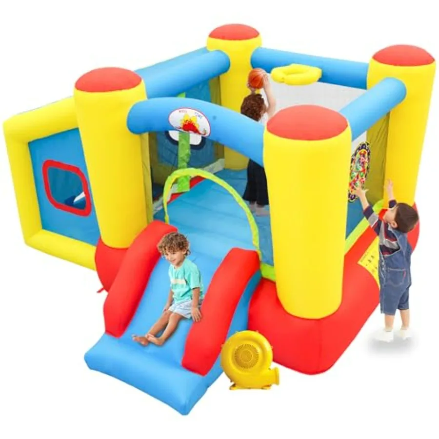 

Inflatable Bounce House with Blower Jumping Castle Slide for Red and Blue Bouncer with Ball Pit Basketball Rim and Dart Target