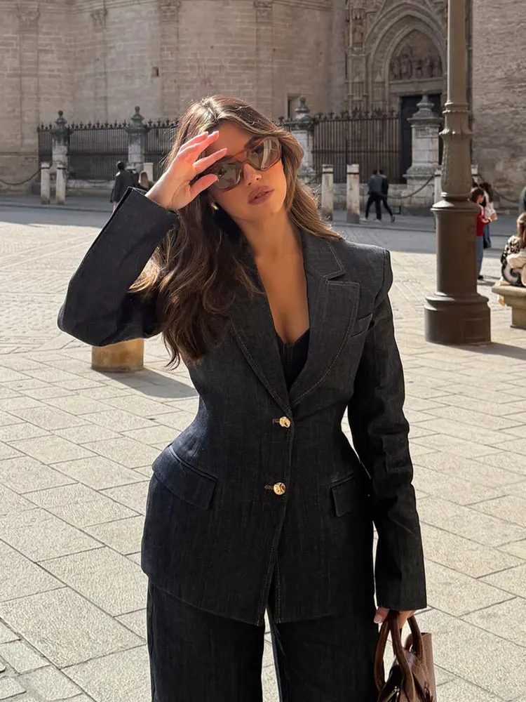 HH أنثى الربيع خمر الدنيم السترة طويلة الأكمام رفض طوق واحدة الصدر جيوب وهمية الشارع معاطف الموضة