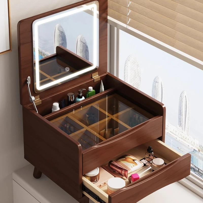 2025 Model with Light Dressing Table Solid Wood Nordic Modern Simple Small Apartment Space Saving Storage