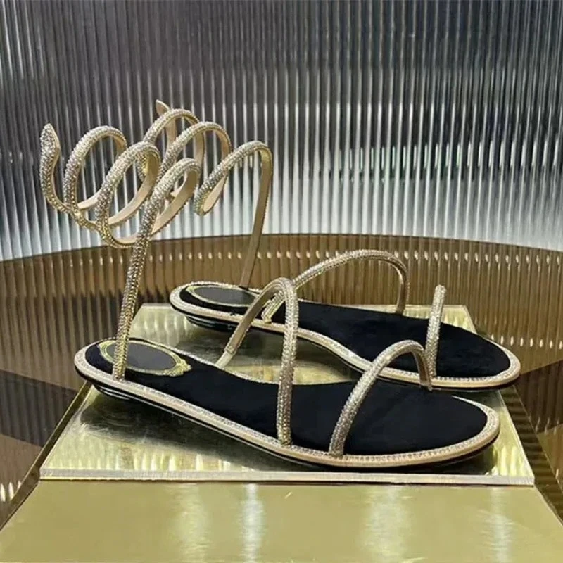 

Fashion Women Summer Gladiator Sandals Flat Heels Twine Around Ankle Strap Gladiator Sandal Wedding Beach Slides Rhinestone Gold