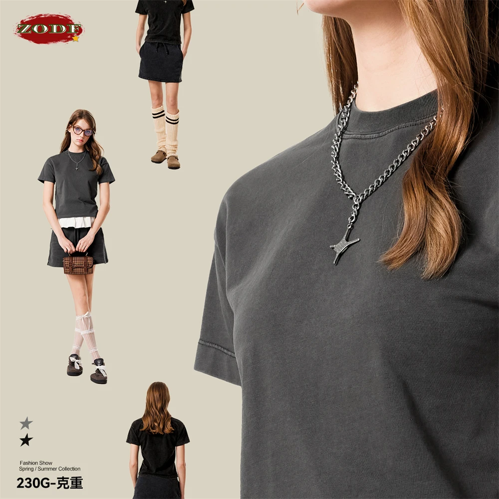 ZODF Vintage 2025 Summer 230gsm Washed 100% Cotton T-Shirts For Women Retro Hotsweet Girls Comfortable T Shirt Tees HY0998