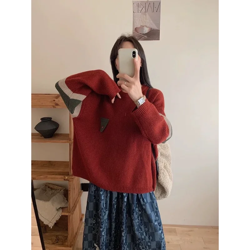 

Весна и осень 202, новый ленивый модный повседневный свитер соответствующего цвета, женский вязаный топ средней длины