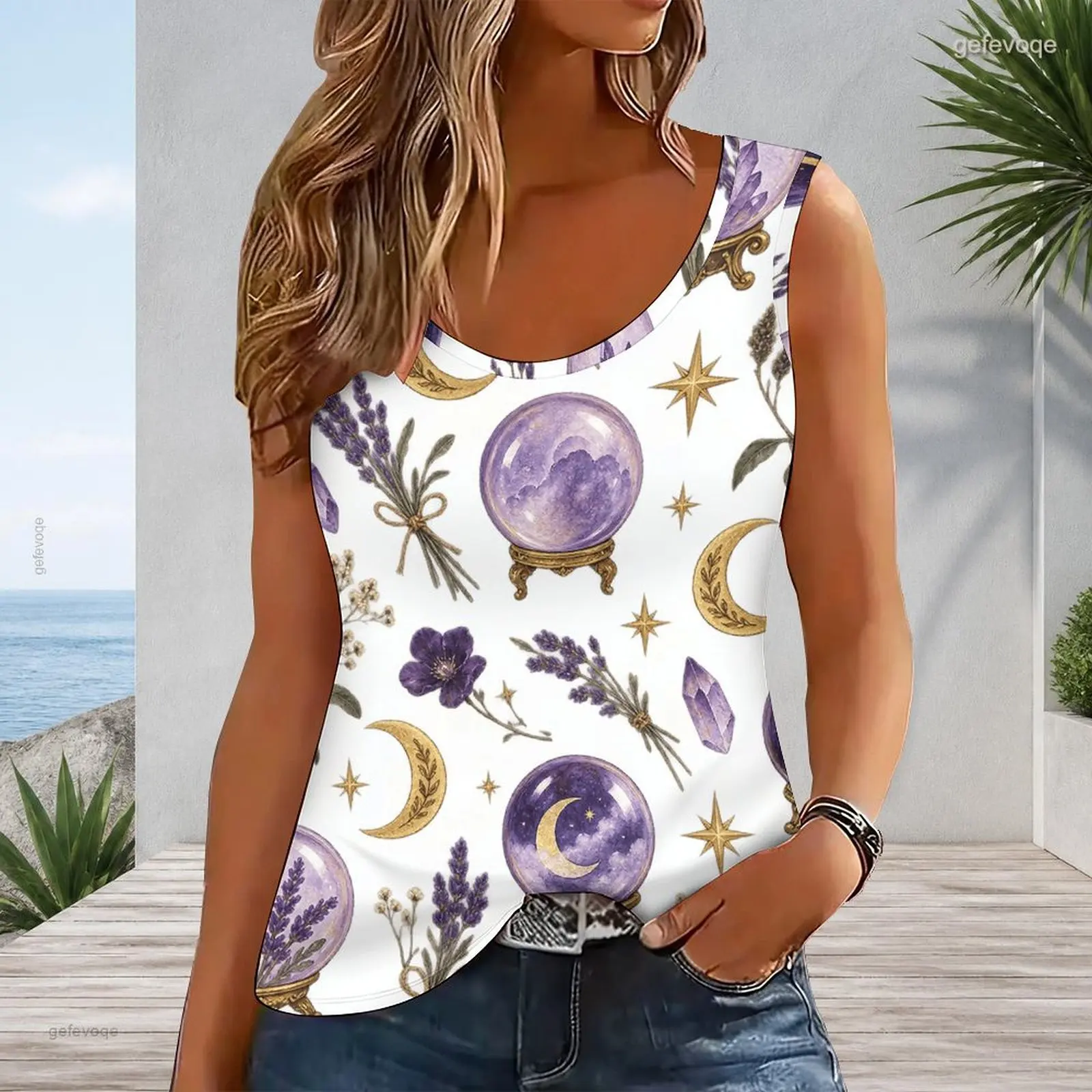 Women Sleeveless Scoop Neck Printed Tank Top, Purple Moth Gold Moon Star Botanical Pattern White Top