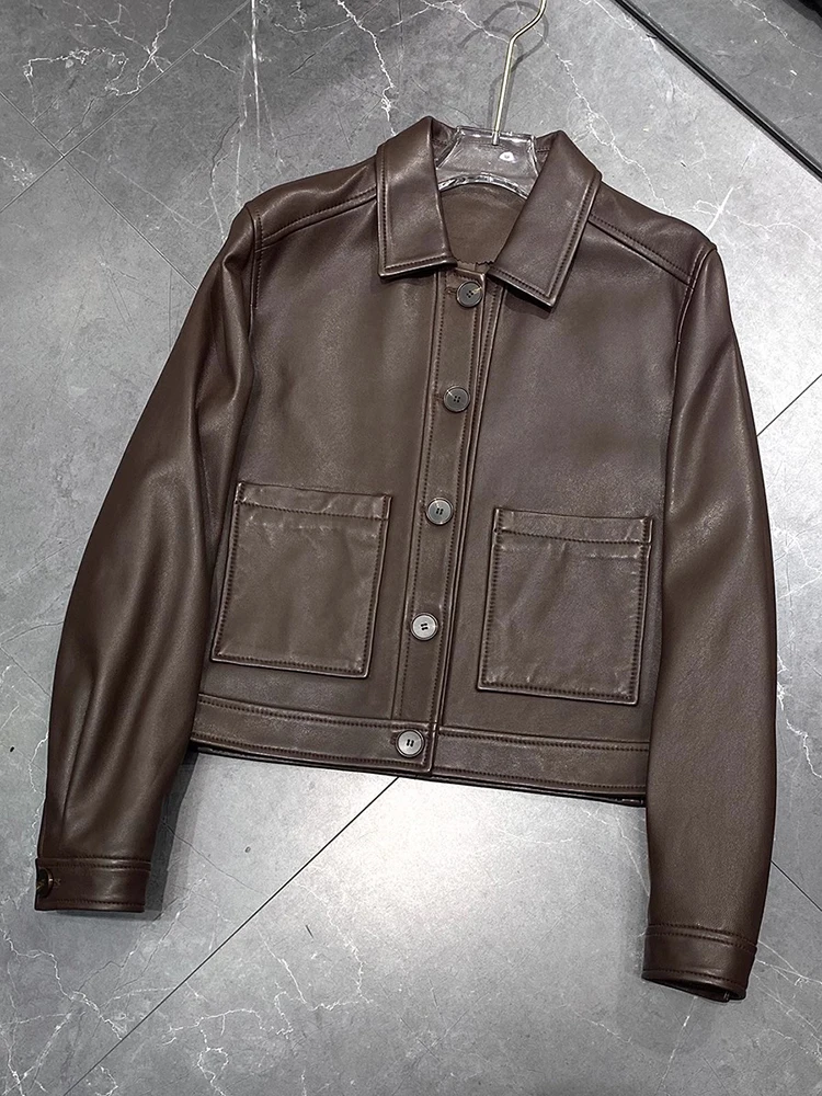 Casual Genuine Leather Cropped Jackets for Women Spring Autumn 2025 New High-end Simple Single Breasted Soft Real Sheepskin Coat