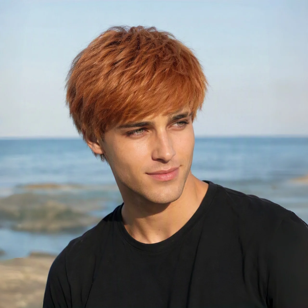 REEWES Orange Short Wig With Bang Natural Straight Layerd  Synthetic Hair For Mens Daily Halloween Christm Party Anime Cosplay