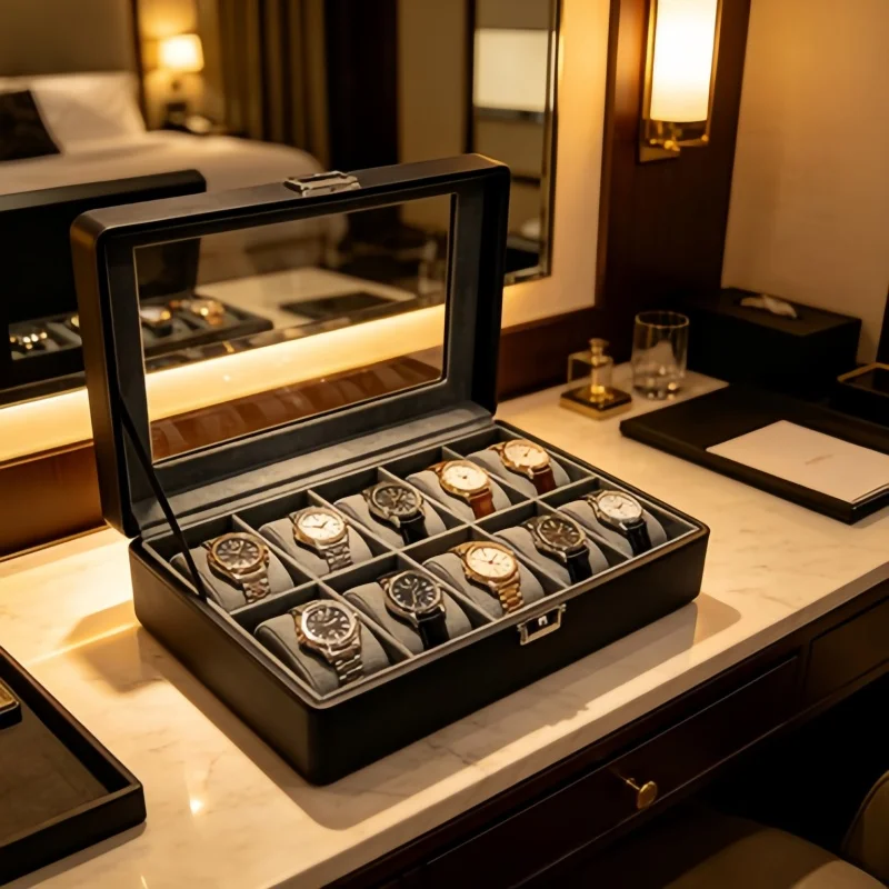 10 Slot Watch Display Box with Clear Window, Lockable Leather Watch Storage Case + 4 Self-Closing Pouches for Watch Collectors