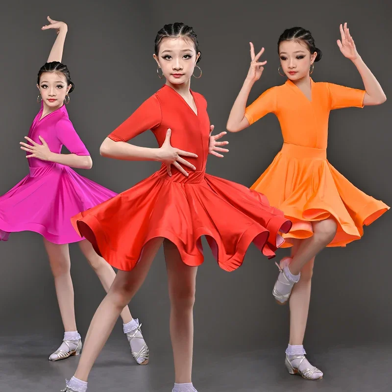 Girls Latin Dance Dresses Children Competition Ballroom 6 Color Costumes Kids Carnival Party Stage Performance Practice Clothing