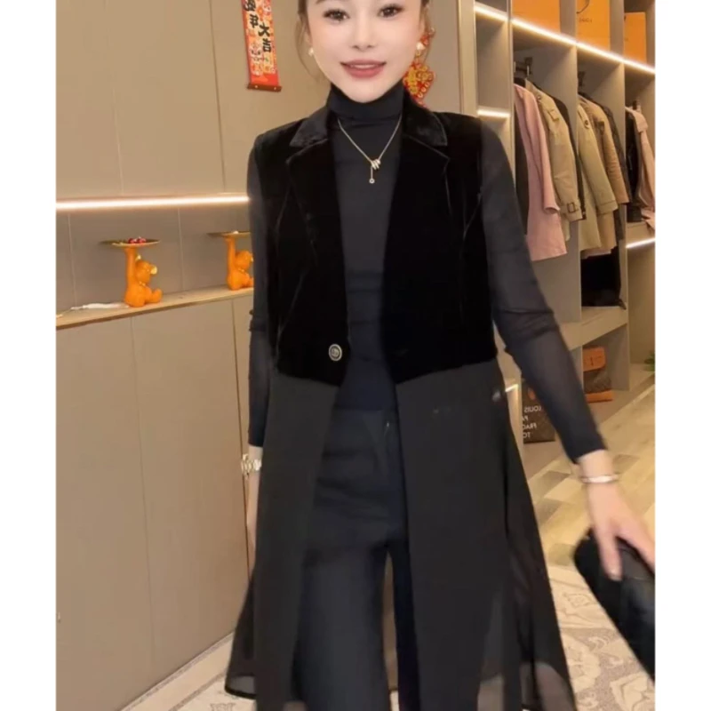 

Spring Autumn Velvet Waistcoat Women 2025 New Fashion Loose Gauze Join Together Suit Collar Black Vest Coat Outerwear Female