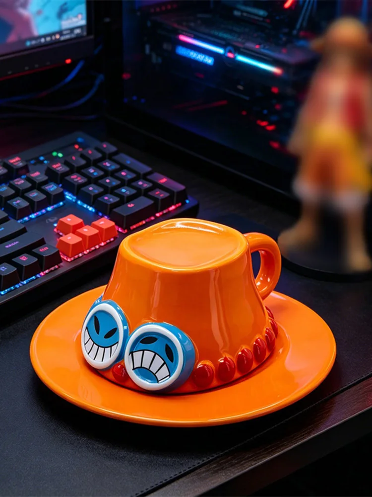 Anime-Themen-Kaffeetassen- und Untertassen-Set, Cartoon-Keramikbecher, Drei Brüder, hutförmig, 3D-Relief, Frühstücksbecher, Wasserbecher, Geburtstagsgeschenk