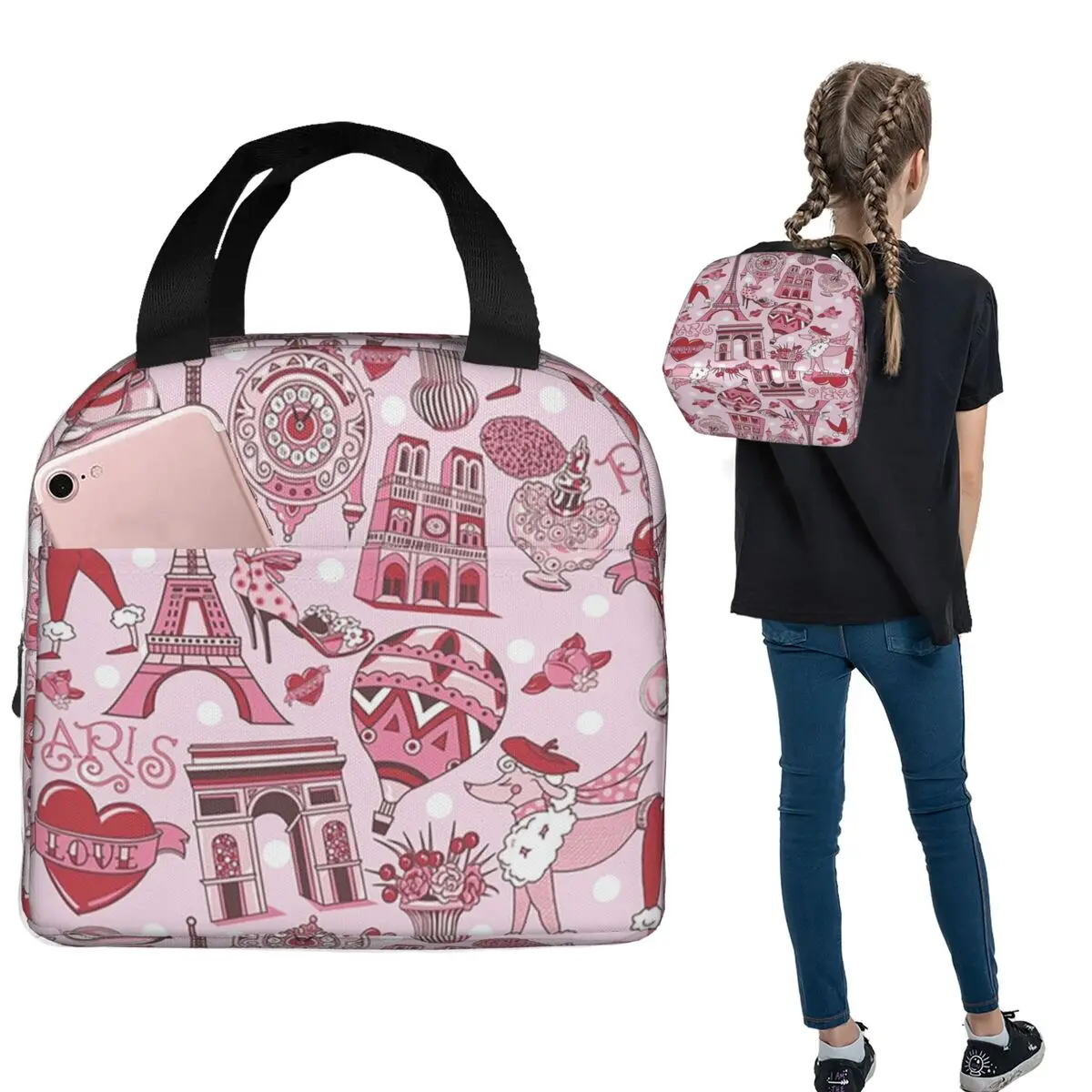 Romantic Paris Eiffel Tower Design Insulated Lunch Bag for Women Children Portable Food Boxes Thermal Lunch Box Tote