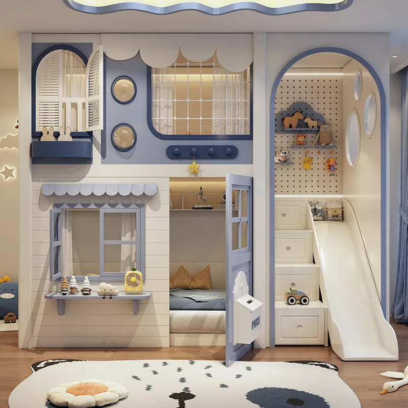 Customizable All-Solid Wood Bunk Bed, Kids Upper and Lower Bed with Tall Guardrail, Treehouse Bed for Boys and Girls