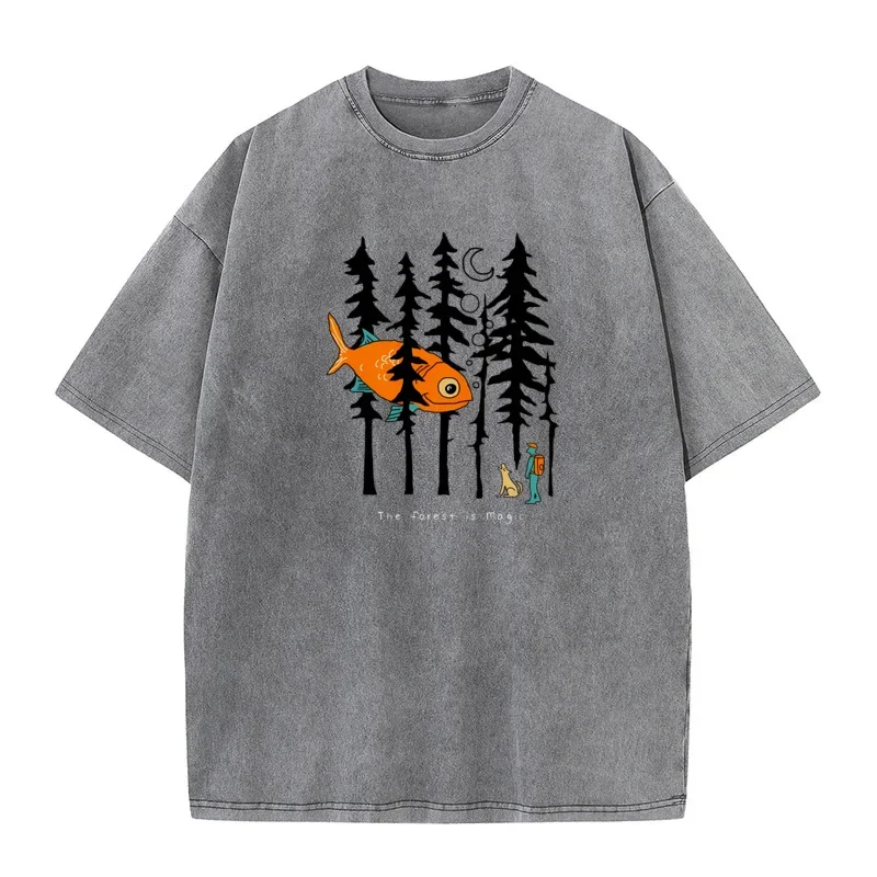 T-shirt pour homme à col rond en pur coton, motif graphique 'Forest Is Magic Crazy Autumn', délavé, manches courtes, style vintage et design attrayant