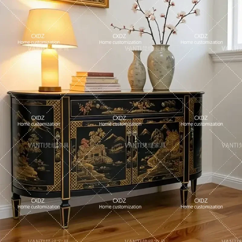 Chinese Style Retro Hand Painted Solid Wood Entrance Cabinet Hallway Storage Sideboard Decorative Console Table for Living