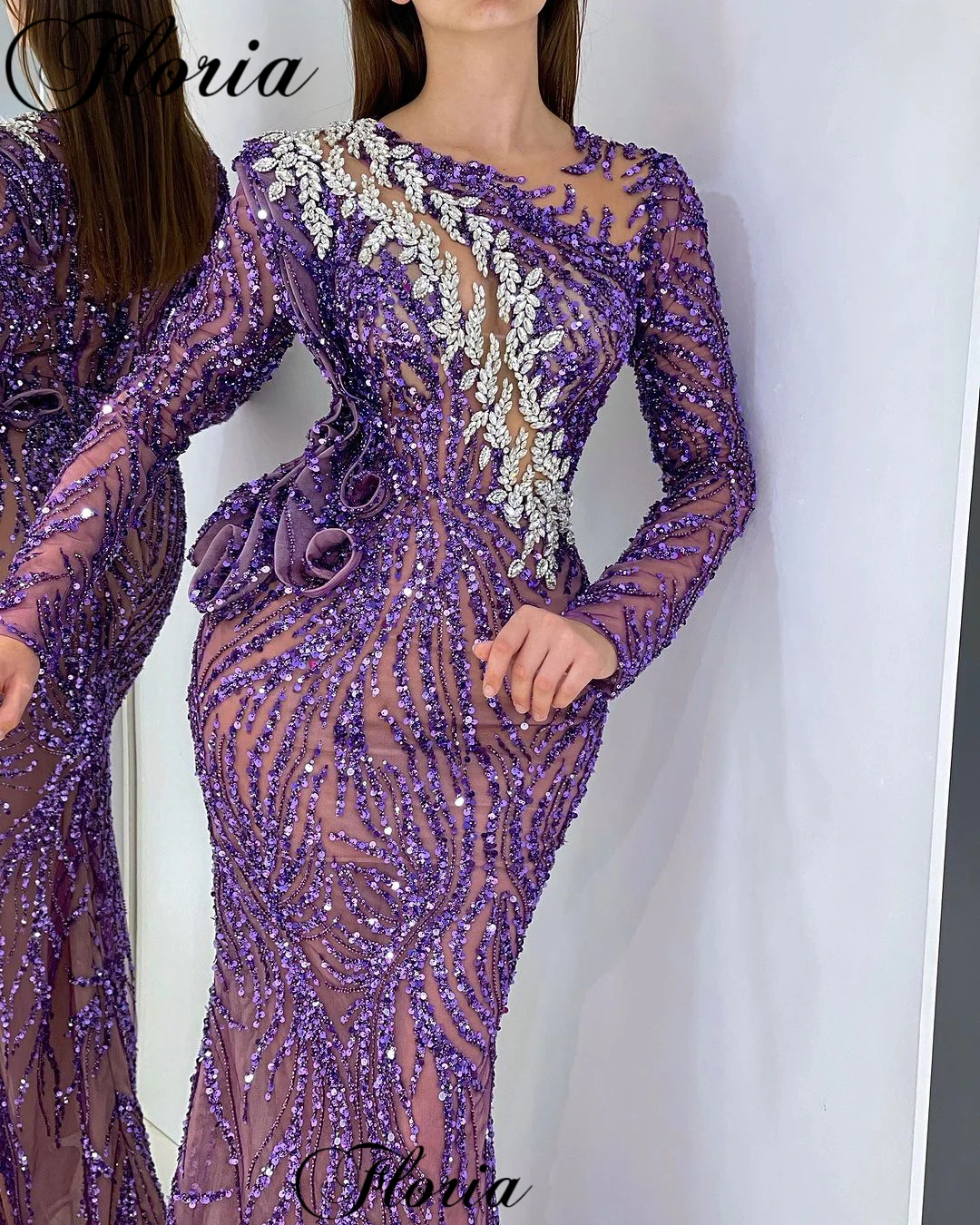 Formal Purple Beaded Evening Dresses With Crystals Long Sleeves Vintage Prom Dresses Mermaid Robes De Soirée Turkish Coutures