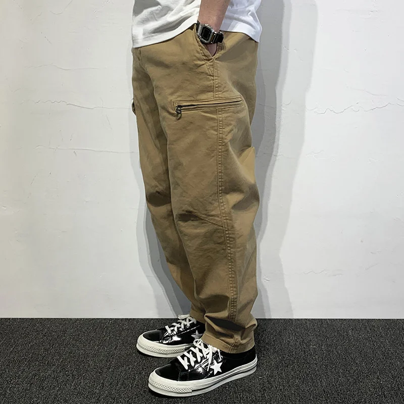 Washed Vintage Work Trousers Men's Loose Wide Leg Pants Spring Autumn Seasonal Patchwork Drawstring Casual Cotton Jeans