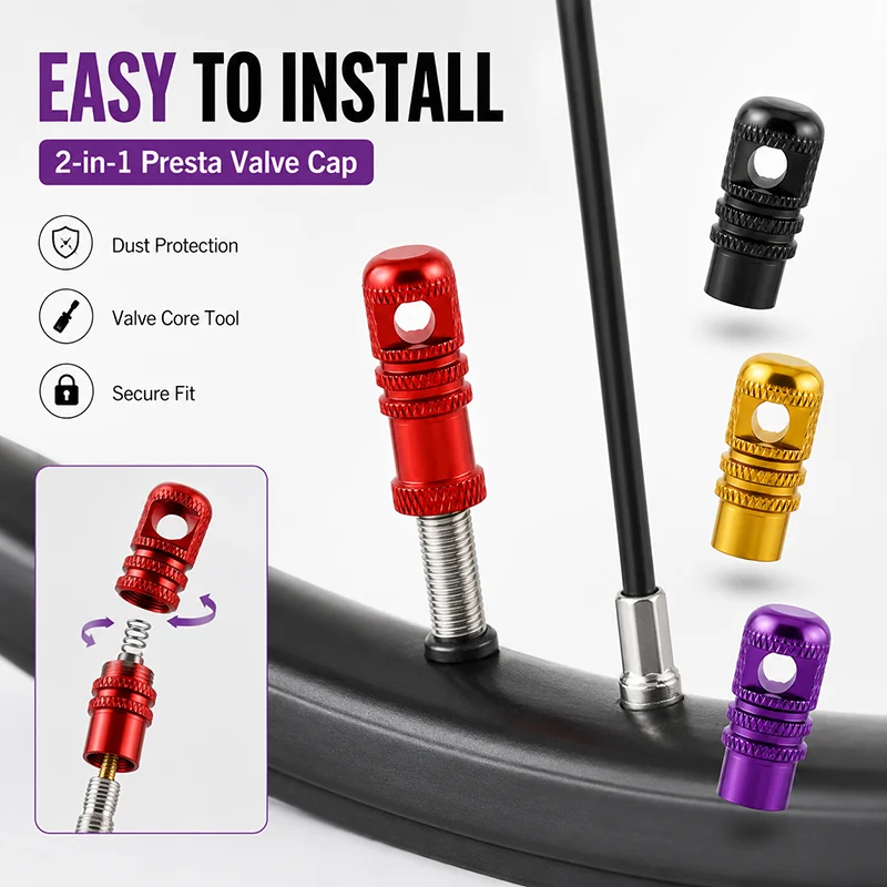 2-in-1 Presta Valve Cap with Valve Core Tool Aluminum Alloy Bicycle Tire Dust Cover for Road MTB Folding Bike