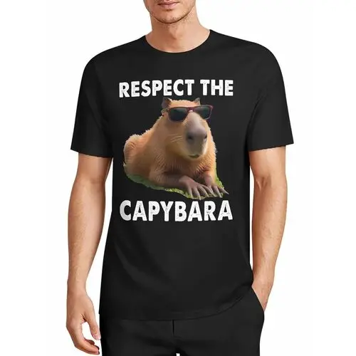 Cool Capybara Print T-Shirt with Sunglasses - Respect for the Capybara Fun Animal Black Casual Short Sleeve