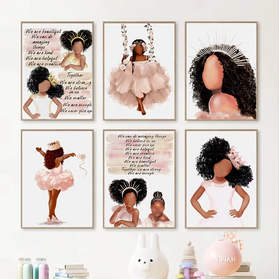 Crown Afro Black Baby Girl Ballet Skirt Power Pink Art Canvas Painting Nordic Posters And Prints Wall Pictures Kids Room Decor