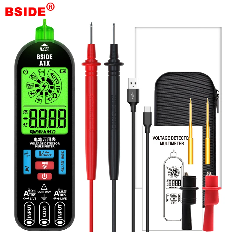 BSIDE A1X USB Charge Digital Smart Multimeter True RMS DC AC Voltage Tester Capacitance Ohm Hz Diode Hz Continuity NCV Live Test