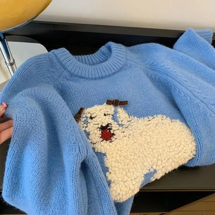 

Blue puppy flocking pullover, loose soft waxy sweater, lazy style women's thickened top design sense niche