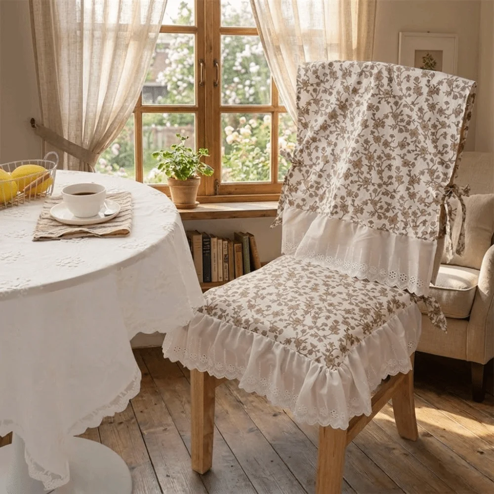 Vintage Dining Chair Backrest Cover Comfortable Ruffle Design Floral Chair Cover Soft Decorative Embroidered Lace Chair Cover