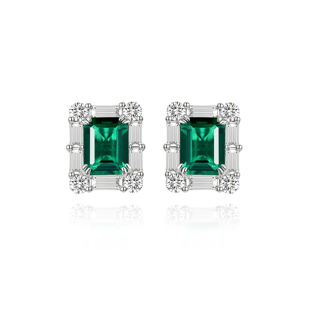 Shipei Jewelry 2023 New S925 Silver Rectangle 2 Carat Cultivated Emerald 7 * 9 Explosive Sparkling High Carbon Diamond Earrings