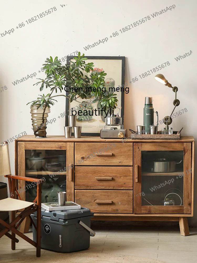 New arrive Log glass double door three bucket cabinet living room locker American country pine cabinet