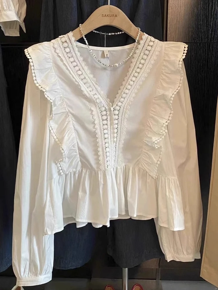 Loose Long Sleeve V-Neck Lace Trim Shirt Women's Autumn Fashion French Style Breathable Casual Loose Top with Flounce Hem