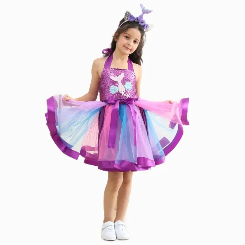 New Children Mermaid Dress Girls Halloween Princess Party Dress Up Tulle Mesh Rainbow Tutu Skirt Fish Scale Sequin Outfits
