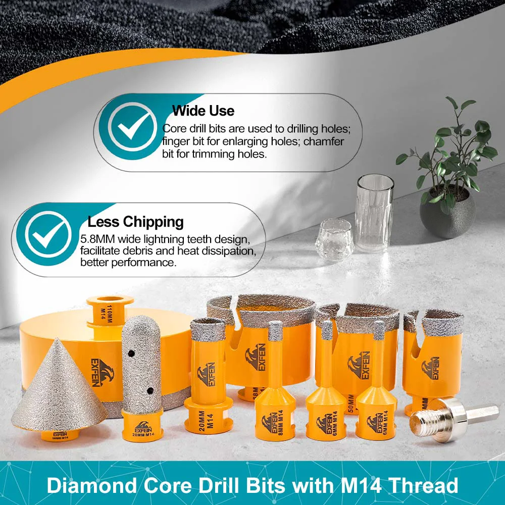 EXFEIN Diamant-Fliesenbohrer-Set, 12-teilig, 6/6/8/20/25/35/50/68/110 mm + 20 mm Fingerfräser + 50 mm abgeschrägte Fasenbits + Adapter – Detail 7