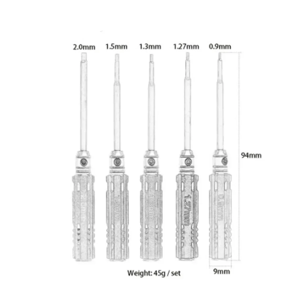 5PCS 0,9 1,27 1,3 1,5 2,0mm Sechskantschraubendreher Sechskantschrauben Schraubenschlüssel Werkzeug für 1/12 1/16 1/18 1/24 RC Auto