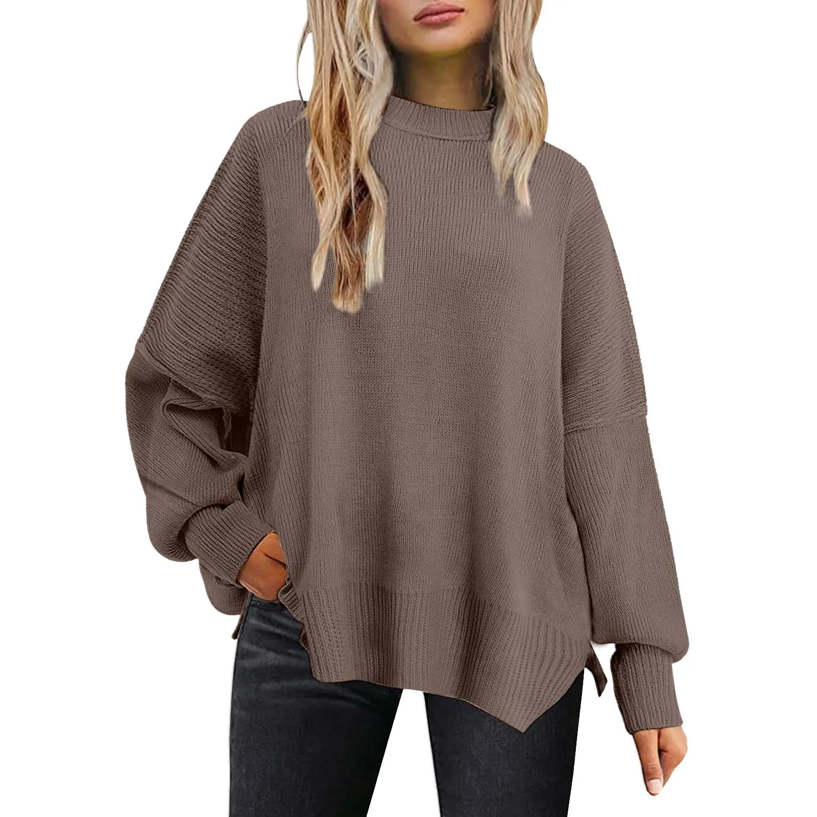 

Women'S Solid Color Simple Loose Pullover Round Neck Long Sleeve Open Warm Knit Sweater Casual Fashion Comfortable Pullover