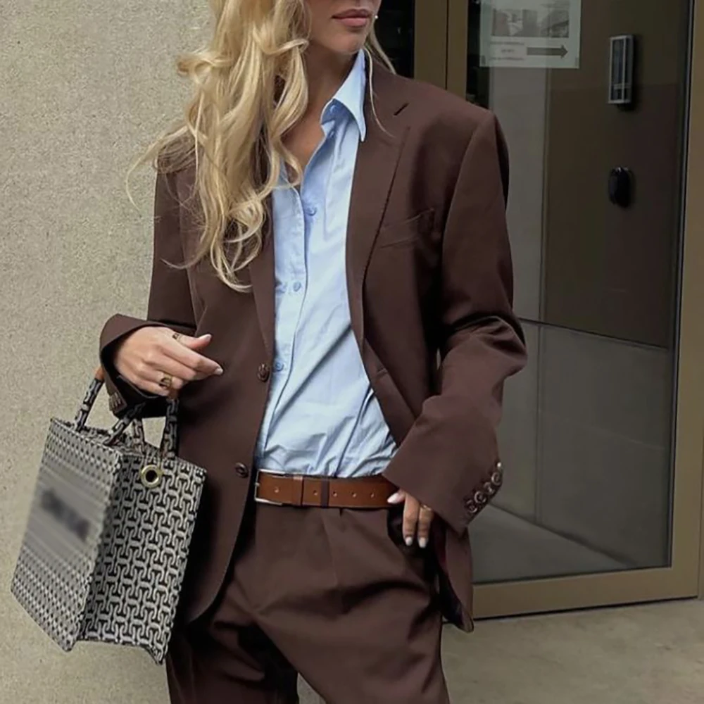 Casual Women’s Suit Vintage Two Pieces(Blazer+Pants) Set Single Breasted Notch Lapel Business Office Lady Workwear Daily Outfit