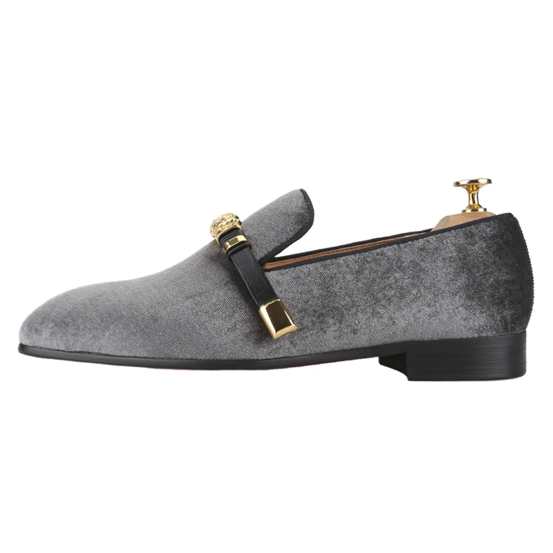 Piergitar Top Grade Gray Velvet Men's Loafers Handmade Gold Scorpion Metal Buckle Man Moccasin For Party And Banquet Red Outsole