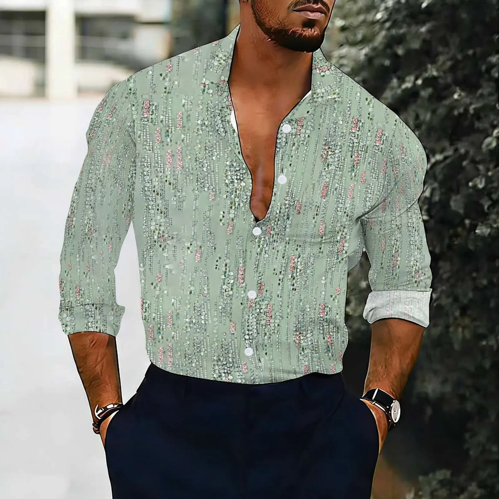 Men Floral Print Long Sleeve Shirt Turn Down Collar Button Up Casual Business Office Daily Wear Shirts