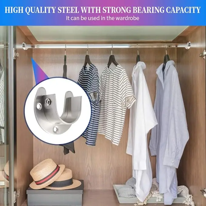 2Pcs Stainless Steel Flange Seat Wardrobe Closet Hanger Rod Tube Hook Fixed Support Brackets Seat Fixing Hardware With Screws
