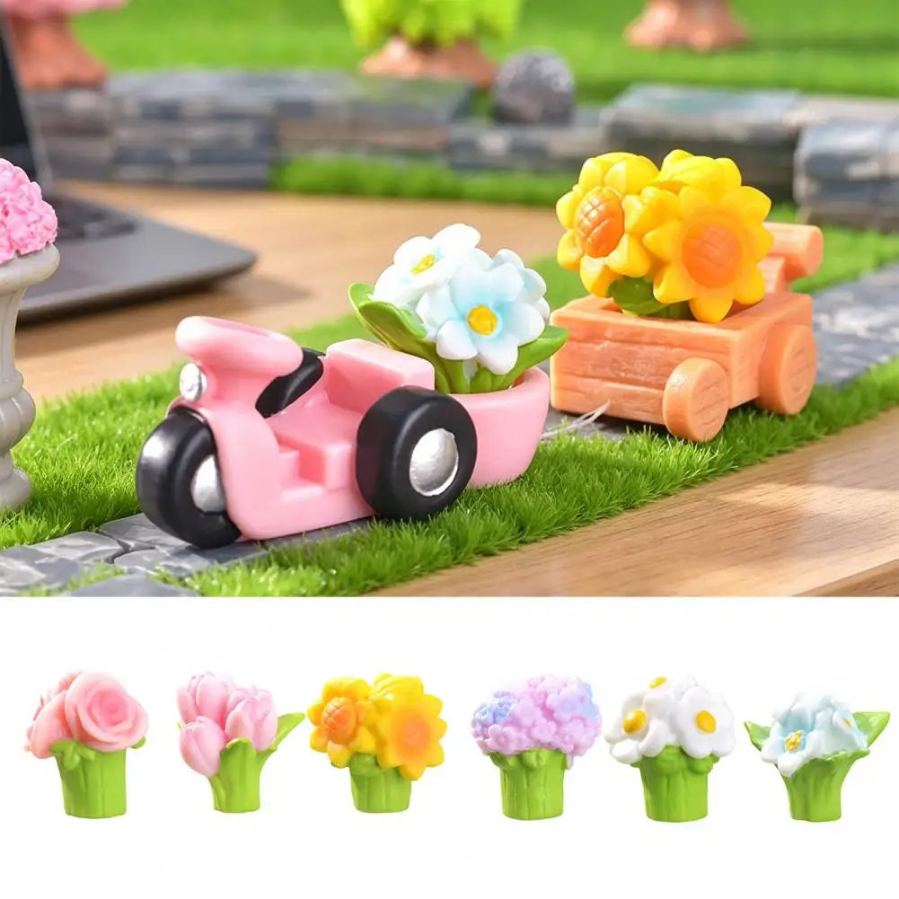 2Pcs Miniature Potted Flower Figurine Mini Floral Plants Vehicle Resin Statue Ornament Dollhouse Fairy Garden Micro Landscape 97