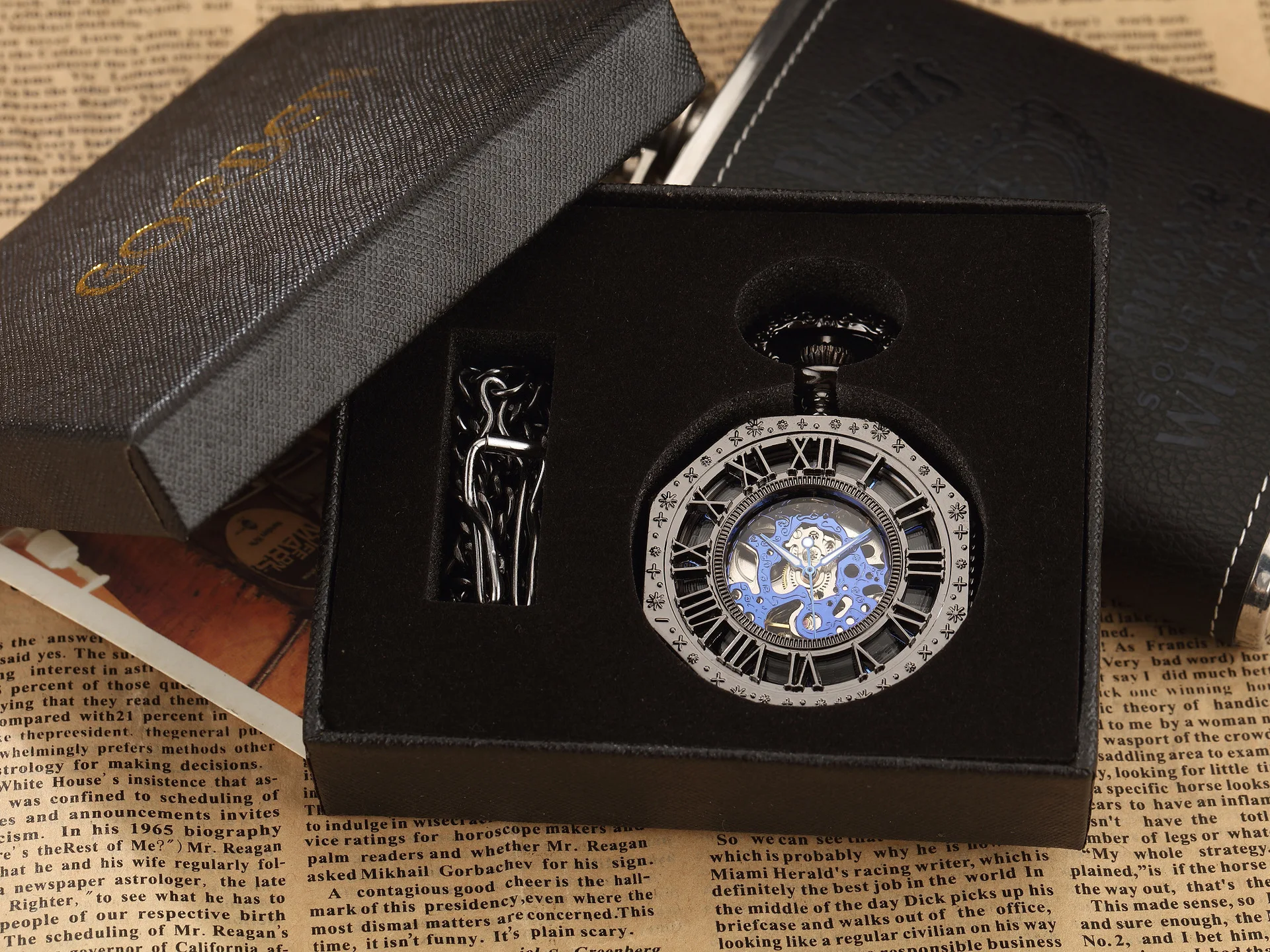 Ramadan Classic Hexagonal Mechanical Pocket Watch FOB Chain Steampunk Roman Dial Skeleton Gold Hollow Steel Men's Pocket Watch