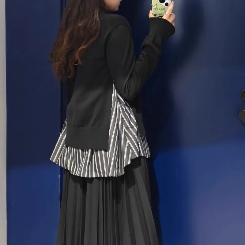 SACAI Women's Loose Long Sve Knitted irt Casual Contrast Color Patchwork Early Autumn New Sle Cotton V-ne Striped Pa...