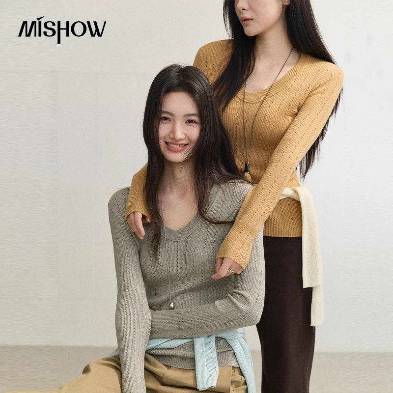 MISHOW Women's Long Sleeve Tops 2026 Autumn Wool Blend Vertical Rib Hollow Out Pullover Slim Fit Commuter Clothing MXF45Z3206