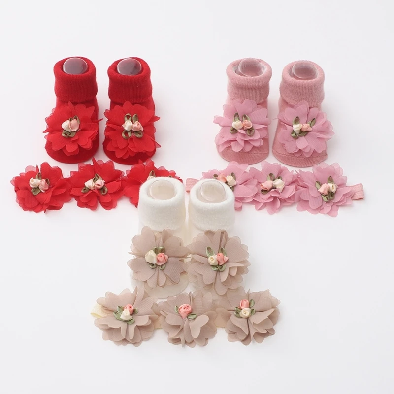 Trendy Baby Gift Set Newborn Headband & Socks Stylish Baby Lace Flower Socks Hair Headband Set Elegant Newborn Socks