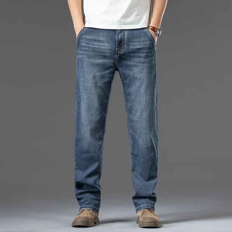 Summer Jeans Tall Man Thin Straight Plus Size 140KG Blue Denim Black Extra Long Pants Thin Male Stretched Lengthened Trousers