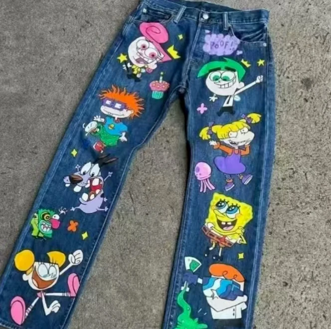Y2k – jean droit taille haute pour hommes et femmes, motif de dessin animé rétro américain imprimé, mode décontracté, surdimensionné, jambes larges