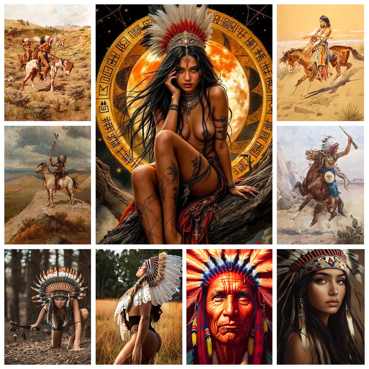 

Indian Hunter 5D DIY AB Diamond Painting Indian Woman Primitive Tribe Mural Cross Stitch Rhinestones Embroidery Room Decor